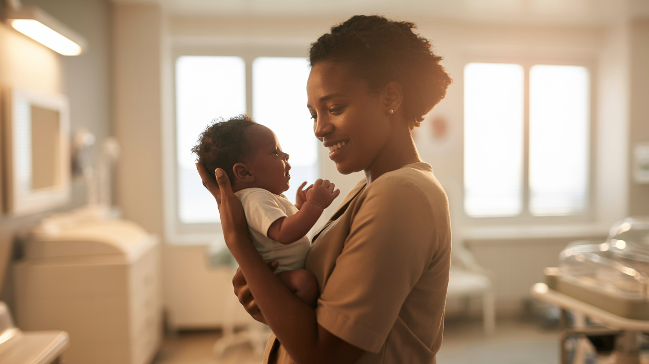 Mother lovingly holding her newborn baby at Ikhaya Le Mbeleko clinic